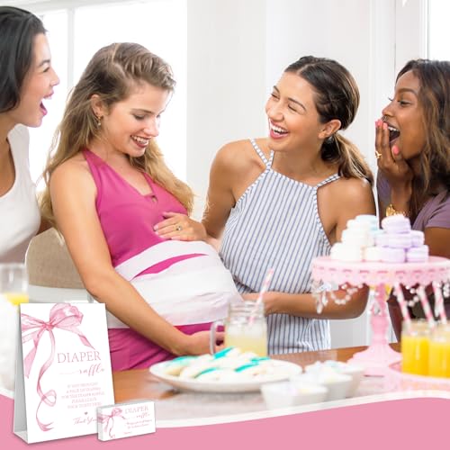 FYSUIMU Baby shower Diaper Raffle Game Kit 1 Diaper Raffle Sign and 50 Tickets Set Watercolor Pink Bow Template for Baby Shower Gender Reveal Parties - Thumbnail 7