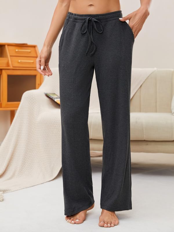 HEARTNICE 2 Pack Women's Pajamas Pants with Pockets Wide Leg Lounge Casual Loose Comfy Stretch Rib Yoga Sweatpants - Image 2