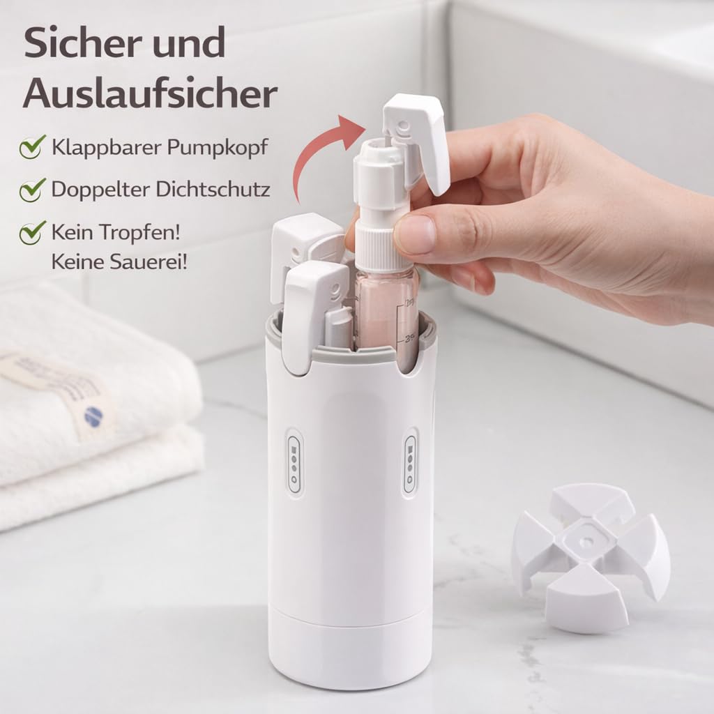 Cleanvo 4-In-1 Reise- & Gym-Spender, Cleanvo Duschsystem, Auslaufsicher Verschlossen, Tragbar, FüR Diverse Lotionen, Andere Pflegeprodukte Eignet (Weiß)