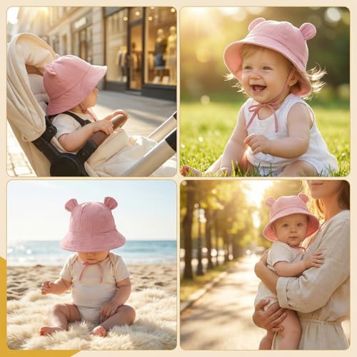 Image of SNOWIE SOFT Cap for Baby Girl 0-12 Months, Sun Hats for Baby Toddler Girls, Windproof Summer Hat with Chin Strap Bucket Hat Soft Newborn Baby Hats for Girls