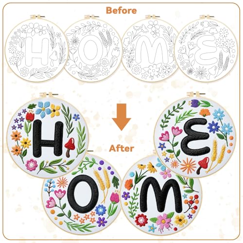 Image of BEUNITONE 4 Set Embroidery Kit for Beginners, DIY Home Theme Pre-Stamped Pattern Needlepoint Kits for Adults with Hoop and Instruction, Funny Hand Embroidery Patterns for Cloth and Home Decor