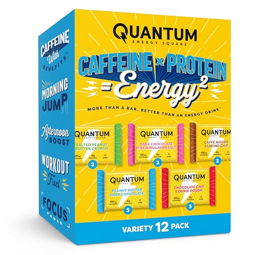 Quantum Energy Square: Energy Bar with Caffeine & 10g Protein. Delicious Healthy Snack On The Go. (Vegan, Gluten-free, Soy-free, Dairy-free) (Variety 12-Pack)