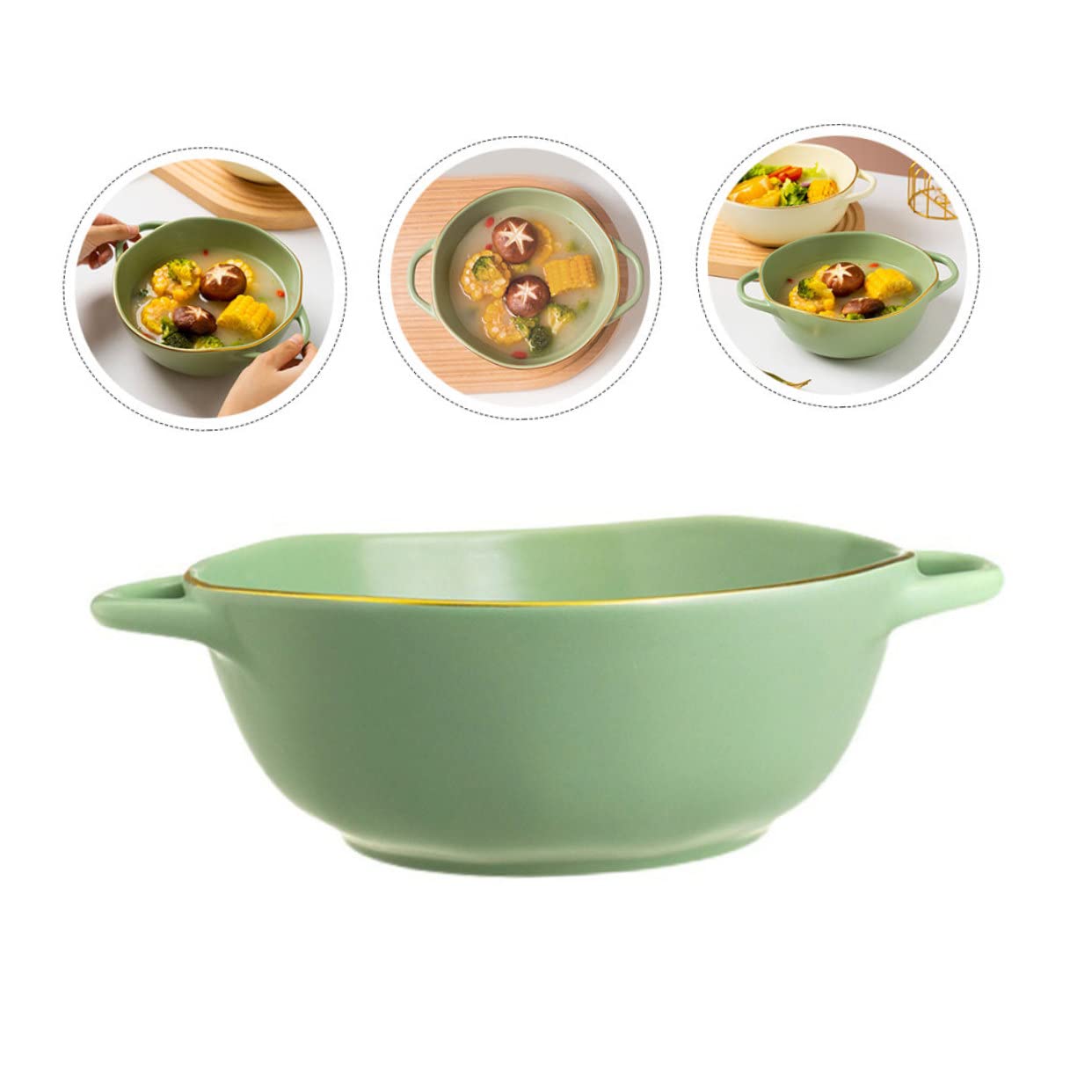 VANZACK Bol de para Sopa y Ensalada con Doble Asa Resistente al Calor Apto para Horno Decoración de Cocina Verde Matcha Fácil de Limpiar Deformaciones