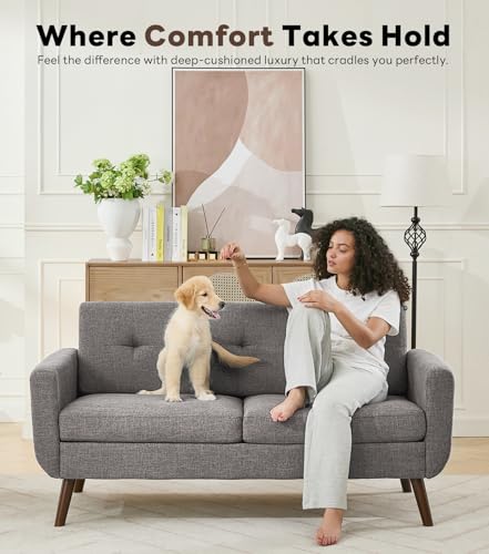 Tbfit 65" W Loveseat Sofa with Ottoman Coffee Table, Mid Century Modern Love Seat Couches for Living Room, Button Tufted Upholstered Small Couch for Bedroom,Easy to Install Love Seats Furniture, Gray