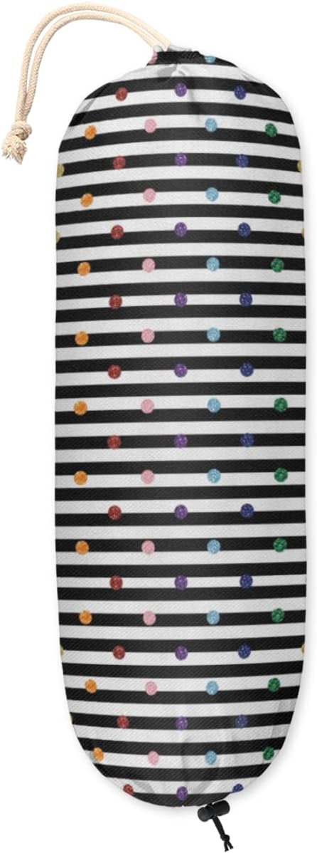 Polka Dot Line Plastic Bag Holder Grocery Bag Holder with Adjustment Drawstring Reusable Wall Mount Trash Bag Organizer Dispenser for Kitchen Home Travel,22 x 9 in
