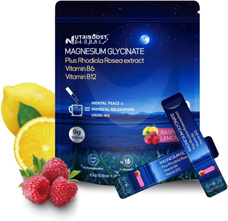 Nutriboost - Mezcla de bebida en polvo, reductor de cortisol y suplemento de ayuda para dormir, L teanina, glicinato de magnesio, vitamina D 3, sin