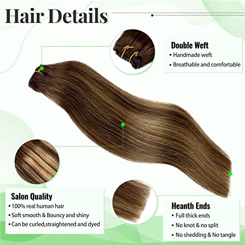 Image of Ombre Clip in Hair Extensions, 20 Inch Balayage Chocolate Brown Mixed Strawberry Blonde 70g 5pcs Real Hair Extensions Clip In Human Hair Remy