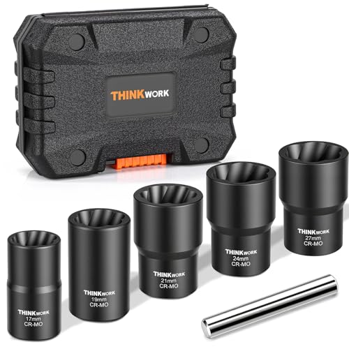 THINKWORK 1/2 Inch Drive Lug Nut Removal Tool, 6 Pieces Wheel Lock Removal Kit, Lug Nut Remover for Stripped, Rounded, Damaged, Frozen, Rusted Bolts