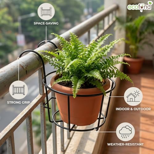 Image of ecofynd 1 Pack Round Metal Hanging Flower Pot Stand For Railing planters, Gamla stand Pot Holder for Balcony decoration items outdoor, Plant stands for balcony, Flower pot stand indoor (Black, PS028)