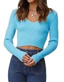 Ezbelle Crop Tops Women's V Neck Sweater Long Sleeve Sexy Ribbed Knit Cropped Shirt Fall Fashion Pullover Trendy Blouse 2026 Light Blue M