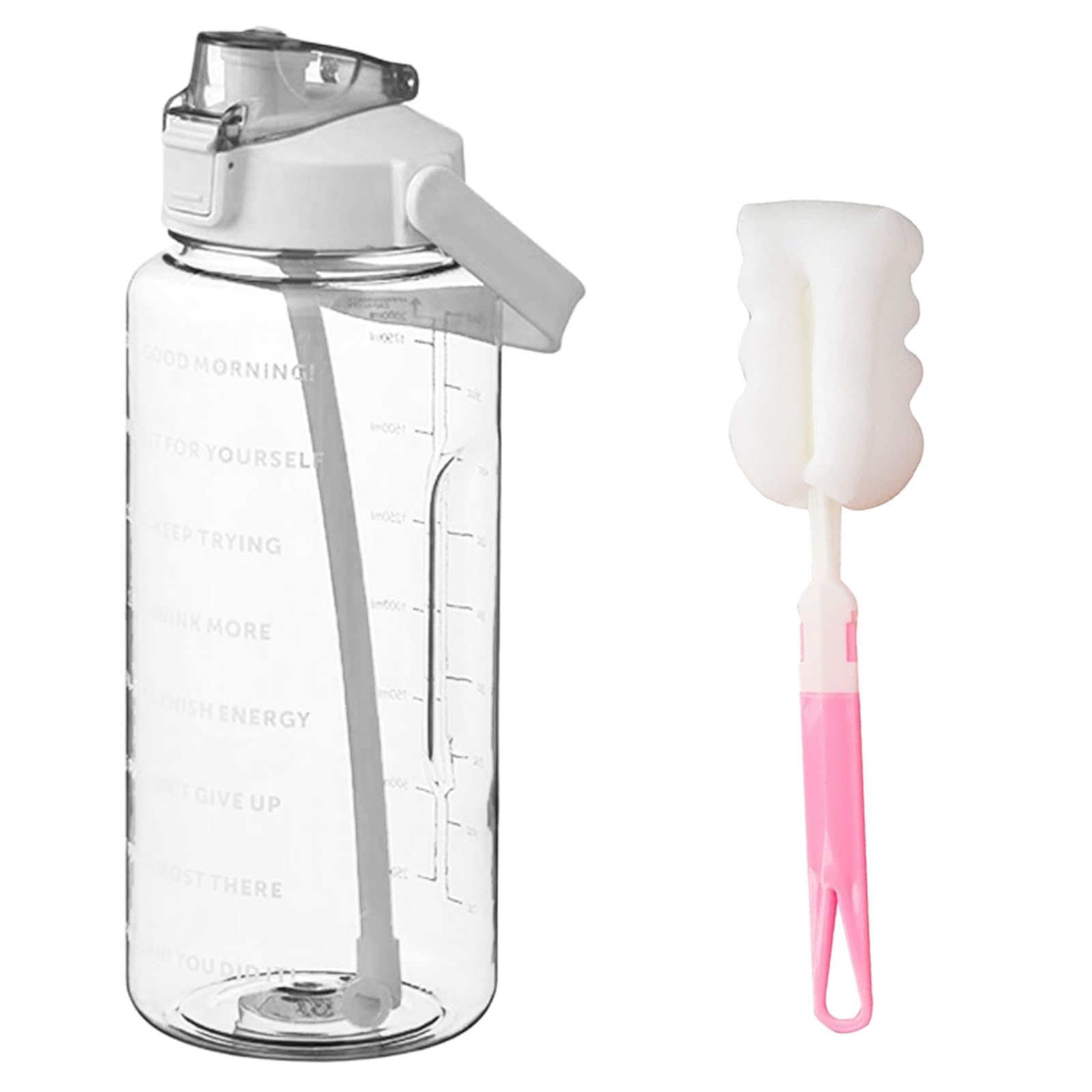 2L Water Bottle with Straw,Clear Leakproof Sports Bottle with Time Markings,Portable Handle Drink Bottles,Heat Resistant Motivational Jug for Gym Hiking Ensure Drinking Throughout The Day (White)