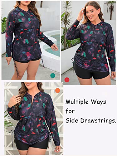 Halcurt Plus Size Rash Guard for Women UPF 50+ Zip Drawstring Ruched Pocket Top2