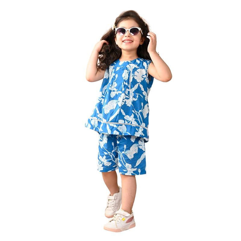 Image of superminis Girls Cotton Floral Printed Sleeveless Top and Shorts Clothing Set