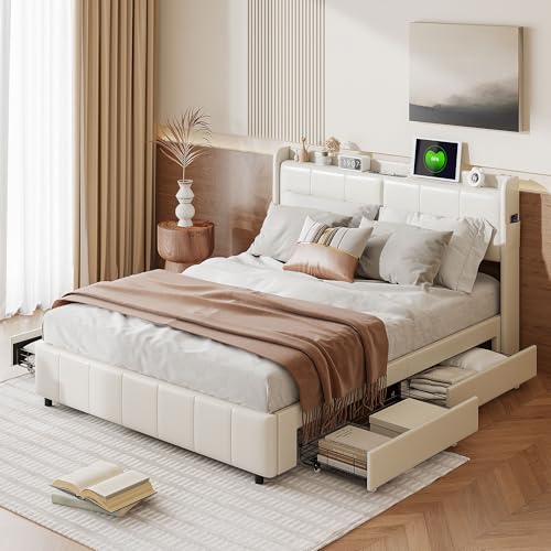 Letto Matrimoniale con Cassetti, letto matrimoniale, letto imbottito con testiera imbottita, USB, 4 cassetti in metallo, spazio di archiviazione, rete a doghe in legno massello (Bianco, 160x200 cm)