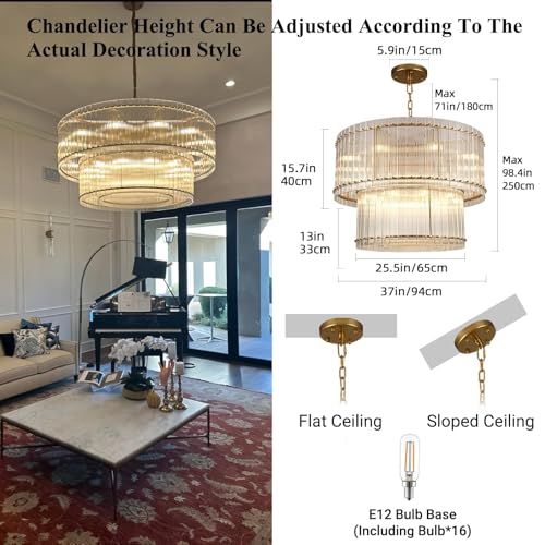 Image of 3-Tier Modern Gold Round Chandelier, 37 inch Water Ripple Crystal Glass Chandeliers for High Ceiling,16-Lights Luxury Adjustable Hanging Chandelier for Living Room, Foyer, Staircase, Dining Room,