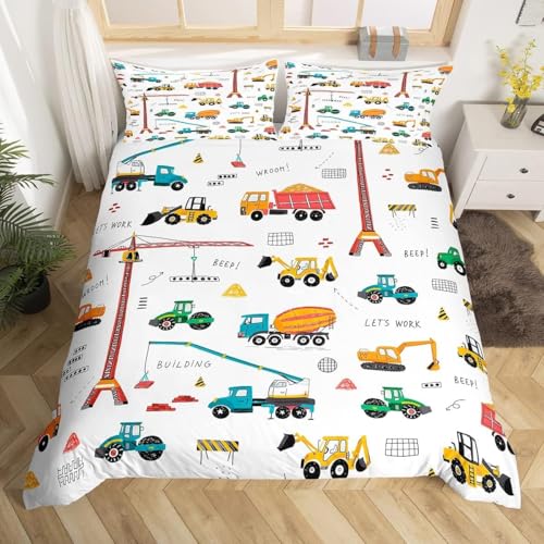 Ensemble de Literie Pour Pelleteuse 220x240 Parure de Lit Tracteur Machines Camions,Housse de Couette Véhicule de Construction Pour Enfants Garçons Ados,Housse Couette...