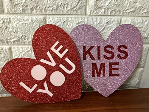 Image of Festiko Valentines Conversation Candy Hearts Banner - Red & Pink Glitter, Valentines Day Decorations
