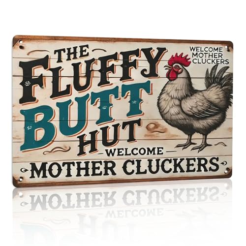 pvoodire Chicken Coop Fluffy Butt Hut Chicken Tin Signs - 8x12 Inch Retro Style Wall Decor