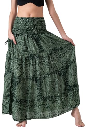 Long Skirts for Women Tiered Maxi Boho Skirt Hippie Clothes Bohemian Print with Pocket (Small Medium Blossom Green)