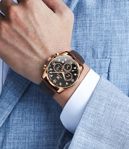 Image of OLEVS Watches for Men Original Analog Quartz Stylish Brown Leather Luxury Business Chronograph Waterproof Date Mens Wrist Watch