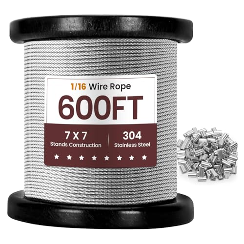 1/16 Wire Rope, 1/16 Stainless Steel Cable for Trellis, 1/16 Aircraft Cable with 200Pcs Crimping Sleeves, Used for Hanging, Decorations,7x7 Strand Core & 368 lbs Breaking Strength, 304 Material