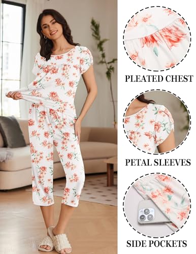 Image of Ekouaer Women's Capri Pajama Set Short Sleeve Mumu Pjs Pleated Top Capri Pants with Pockets Sleepwear Lounge Set