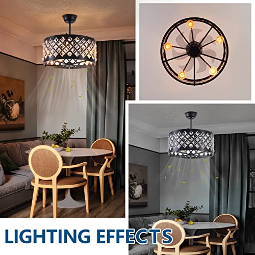 Dalouguan Caged Ceiling Fan With Light, 20" Black Industrial Bladeless Ceiling Fan With Lights And Remote, Luxury Crystal Ceiling Fan For Living Room Bedroom Kitchen #TOP7