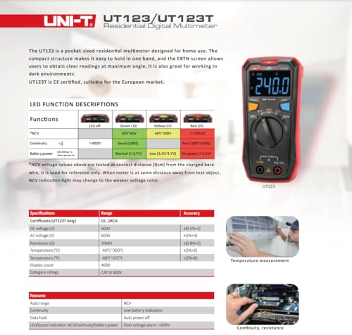 Image of UNI-T UT123T Digital Multimeter Pocket-Sized, NCV Detection, Temperature, Continuity Test, CAT III 600V, Auto-Ranging, EBTN LCD for Home DIY Electrical Testing