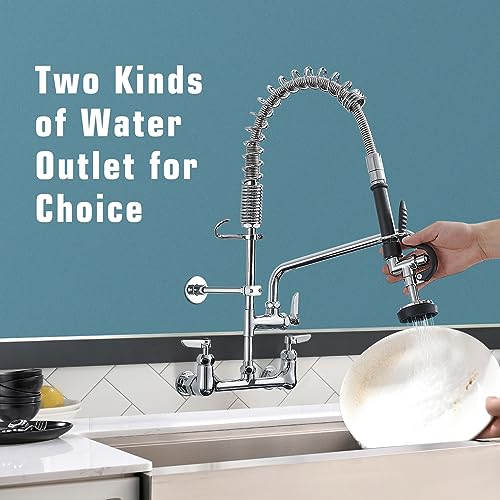 Image of Fapully Commercial Kitchen Faucet,Wall Mount Kitchen Sink Faucet with Pre-Rinse Pull Down Sprayer,25'' Height 8'' Center 3 Compartment Sink Faucets with 12.2'' Swing Spout Chrome