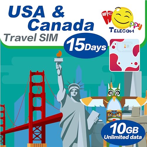 Happy USA and Canada 15 Days Unlimited Data Travel Sim Card (excludes Alaska & Guam) | 10GB of 4G LTE High-Speed Data | No Need Registration | Easy Activation