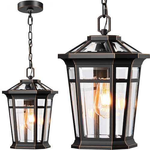 Image of VIANIS Large Outdoor Pendant Light with Adjustable Chain, Black(Gold Trim)
