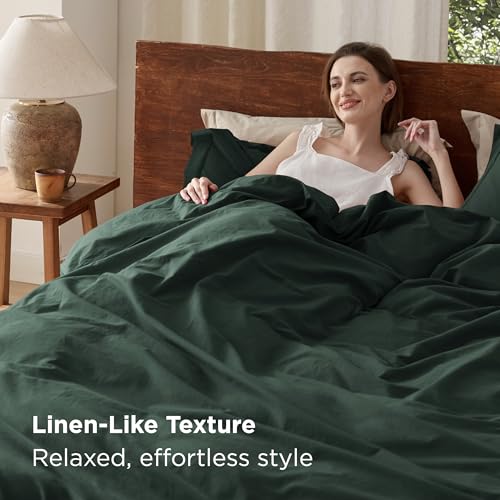 Bedsure 100% Washed Cotton Duvet Cover King Size - Forest Green Minimalist Cotton Duvet Cover Linen Like for All Seasons - GentleSoft™ Plain Simple Bedding (Forest Green, King, 104"x90")