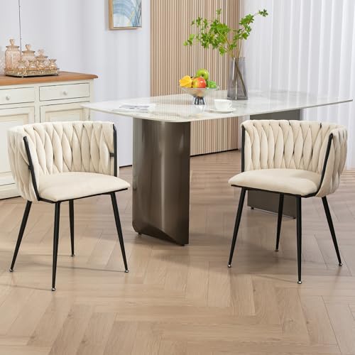 VSOGA Juego de 2 sillas de comedor de terciopelo suave con patas de metal doradas, diseño tejido a mano y acolchado suave, para comedor y sala de estar