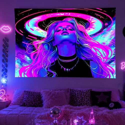 Image of BlissYard Blacklight Tapestry Bedroom Anime Girl Blacklight Tapestry 78x59 Inch Aesthetic UV Reactive Purple Tapestries Glow In The Dark Art Wall Hanging Poster Room Bedroom Party Backdrop Decor