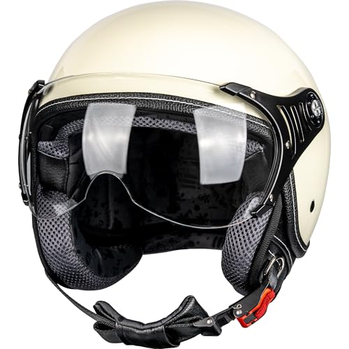 Yesmotor 3/4 Motorcycle Helmets Retro Open Face Scooters Helmet with Clear Visor for Men and Women- DOT Approved（White,L）