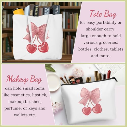 Aesthetic Bow Cherry Canvas Tote Bag Beach Tote Bag for Women with inner Pocket, Cute Bow Lovers Gift for Women Girls Bestie Sister Birthday Christmas Reusable Shopping Grocery Bags with Makeup Bags2