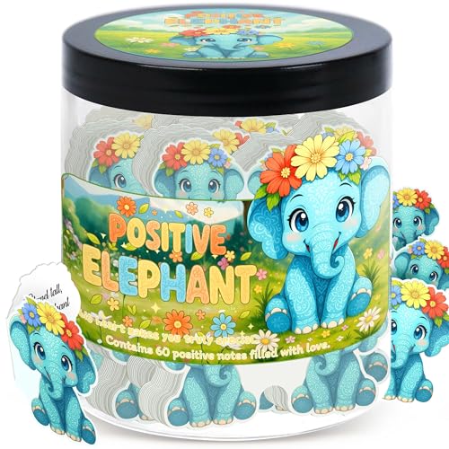Positive Elephant Jar with 60 Daily Affirmation Cards, Emotional Support Elephant Decor, Uplifting Present for Teenage Girls and Men, Inspirational Office Desk Accessory and Appreciation Gift