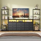 BTHFST TV Stand with 9 Fabric Drawers for 65 inches TV, LED Entertainment Center with 2 Industial 5-Tier Bookcase, TV Console Table with Power Outlets & Open Storage Shelves for Living Room, Bedroom