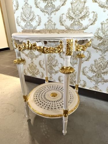 CasAmin Home & Living Runder Weißer Beistelltisch aus Holz im Retro Antik Barock Stil, Handgefertigt mit Marmorplatte, Couchtisch, Teetisch als Wohndekoration – Bild 4