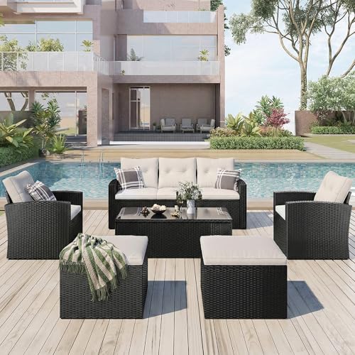 Image of OUTLIVING 6 Piece Outdoor Conversation Set | All Weather Wicker Sectional Sofa with Cushioned Ottoman and Glass Top Table | Ideal for Garden, Deck, Porch, Patio and Poolside (Black & White)