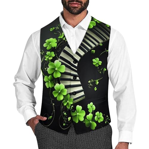 St. Patrick's Green Leaves Piano Mens Slim Fit Suit Vest Dress Waistcoat Casual Business Vest