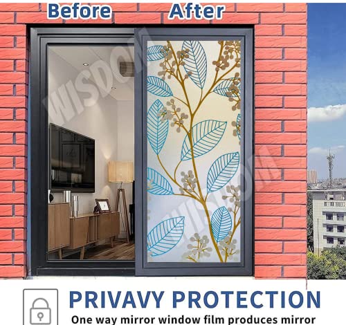 Image of WISDOM Privacy Window Film Frosted Glass Film Glass Film No Glue Anti-UV Window Sticker Non Adhesive for Privacy Office Meeting Room Bathroom Living Room (Leaf Blue Flower, 12 x 80 inch)