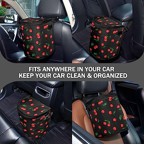 Image of Cherry Black Car Trash Can Watercolor Fruit Leaves Car Garbage Bag with Lid Hanging Waterproof Leak Proof Vehicle Storage Bin
