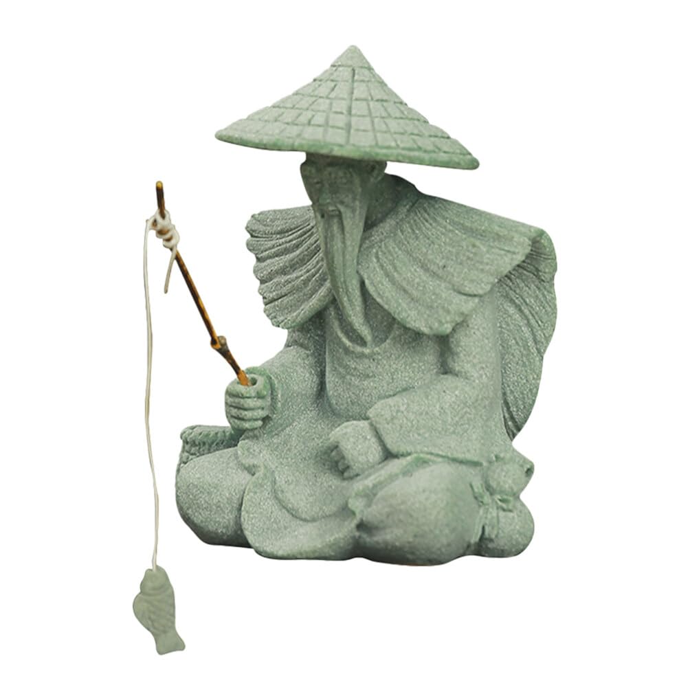 HOLIDYOYO Fisherman Statue Ornament Large Sand Stone Fish Tank Figurine Japanese Zen Garden Decor Desktop Fisherman Figure