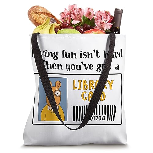 Bolsa tote con diseño de tarjeta de biblioteca y frase 'Having Fun Isn't Hard' miniatura 4