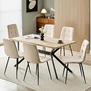 ANVOFONG Set Di 6 Sedie Da Pranzo,Sedia Da Cucina Con Piedi In Metallo Nero,Sedie Imbottite Con Tessuto Di Lino,Sedia Da Camera Da Letto Salotto Soggiorno,Beige