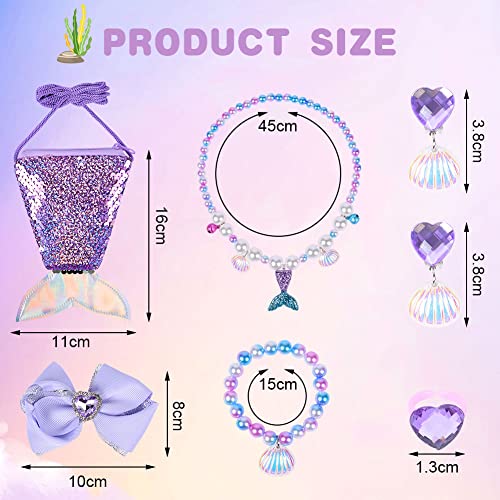 OSDUE Mermaid Bag Jewellery Gift,Mermaid Crossbody Bag Purse w/ Jewelry Set Princess Necklace Bracelet Rings Earrings,Princess Role Play Dress Up Jewelry Accessories Party Favors Gift,18.5x17x2.3cm - Image 2