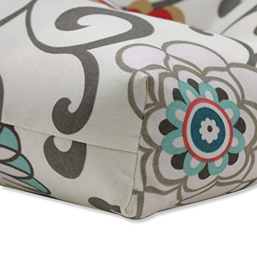 Pillow Perfect Floral Outdoor Patio Reversible Chairpad With Ties, Weather, And Fade Resistant, 15.5" X 16", Blue/Brown Pom Pom Play, 2 Count #TOP1