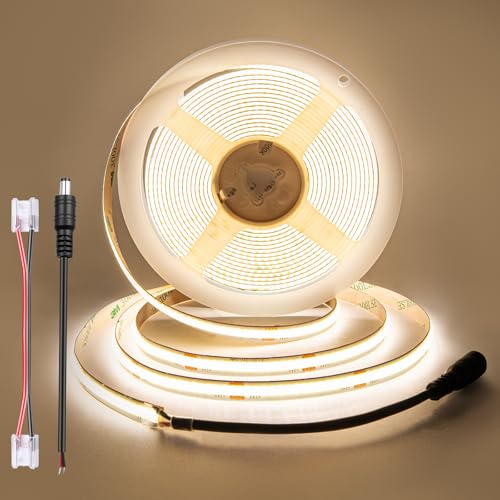 COB LED Strip 5m 4000K, 24V, 8mm wide, CRI 92, 9w/m, 100lm/w, 320 LEDs/m, Cuttable, Flexible, Dotless LED Strip Lights for Backlighting, Display Cabinet, Cupboard (No Power Supply), Natural White