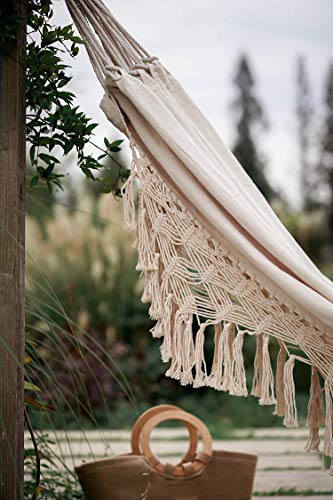Hand-Woven Cotton Tasseled Double Canvas Hammock, Beige, Can Be Used In The Terrace, Bedroom, Patio, Beach, Camping, Etc. #TOP3